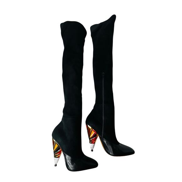 Givenchy Black Leather Suede OTK Boots 38.5 Over The Knee Printed Heel - Picture 14 of 15